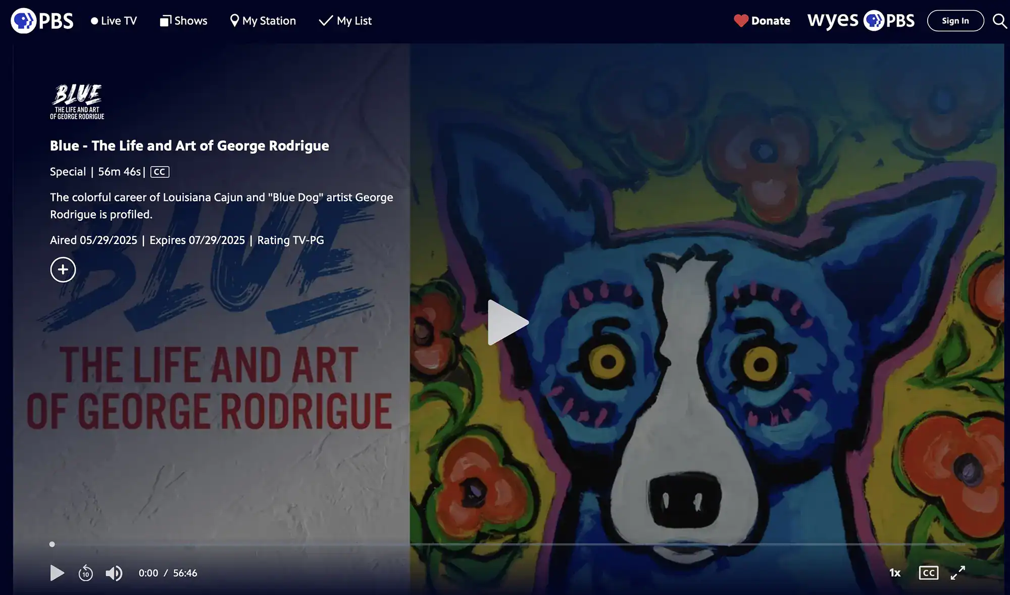 Link to "Blue - The Life and Art of George Rodrigue" full-length movie on PBS